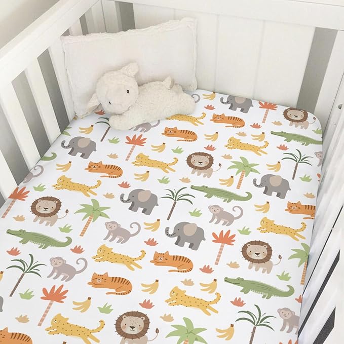 Jungle Safari Animal Baby Crib Sheets for Boys Girls Cute Lion Leopard Elephant Monkey Soft Snug Fitted Crib Mattress Covers for 52''x28'' Standard Crib & Toddler Mattress Safari Adventure Bed Sheets
