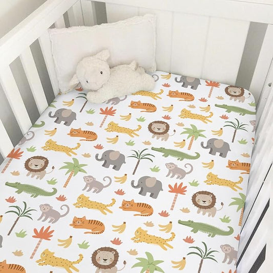 Jungle Safari Animal Baby Crib Sheets for Boys Girls Cute Lion Leopard Elephant Monkey Soft Snug Fitted Crib Mattress Covers for 52''x28'' Standard Crib & Toddler Mattress Safari Adventure Bed Sheets