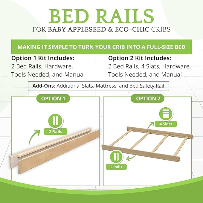 Full-Size Conversion Kit Bed Rails for Baby Appleseed and Eco-Chic Convertible Cribs - Solid Wood Rail - Toddler and Adult Bed Rail for Full-Size Beds - Nursery Baby Furniture (Unfinished, Option 2)
