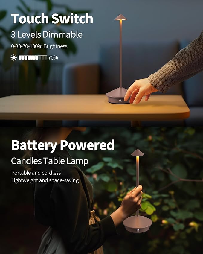 NEWSEE Modern Cordless Table Lamp Set of 2, Portable LED Desk Lamps, 5000mAh Rechargeable Battery Operated Lighting for Bedroom Dining Room Restaurant Coffee Shop Camping Night Light (Brown)