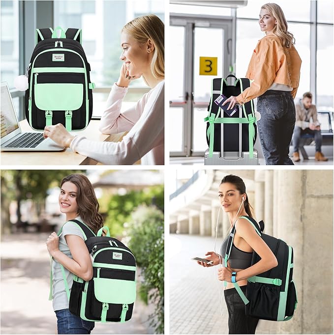 Bevalsa Backpack for Girls, School Backpacks for Girls, Kids Backpack with Lunch Box & Pencil Pouch for Teens Girl Kids Elementary Middle High School College Student Bookbag Daypack (Green Black)