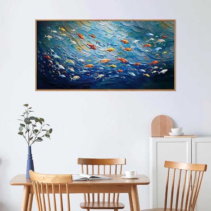 CHDITB Ocean Fish Sea Framed Canvas Wall Art, 20"X40" Large Under The Sea Fishes Oil Painting, Modren Navy Blue Marine Fish Wall Decor, Colorful Fishes Artwork for Living Room Bedroom Office Modern Home Decor