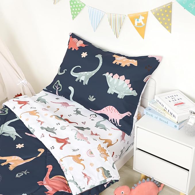 Toddler Bedding Set for Boys, 4 Piece Toddler Boy Bedding, Super Soft Crib Comforter Set Includes Comforter, Flat Sheet, Fitted Sheet, Pillowcase (Blue Dinosaur)
