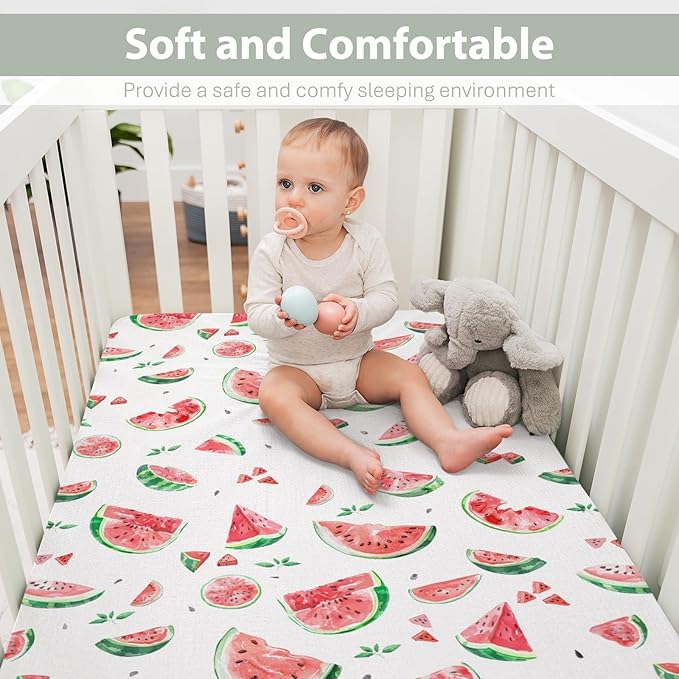 Watermelon Bites Leaves Baby Crib Sheets for Boy Girl 28"x52" Tropical Summer Fruits Soft Stretchy Fitted Crib Mattress Covers Beach Vacation Nursery Baby Sheet for Crib and Toddler Bed Mattresses