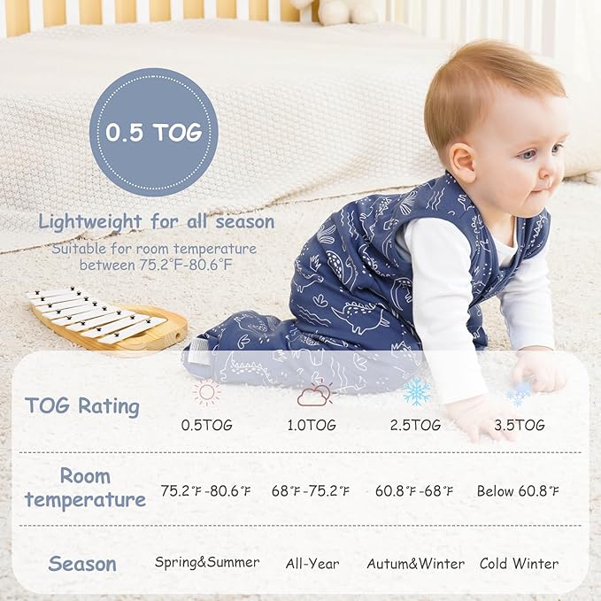 Looxii Baby Sleep Sack 0.5 TOG, 100% Cotton 3 Pack Wearable Blanket Baby Sleep Bag for Newborn Infant, 2-Way Zipper Lightweight Toddler Sleeping Sack 6-12 Months