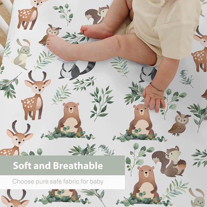 Cute Animals Green Leaves Baby Crib Sheets for Boy Girl 52"x28" Bear Deer Squirrel Bunny Owl Soft Snug Fitted Crib Mattress Cover Wild Animals Nursery Baby Sheet for Crib & Toddler Bed Mattresses