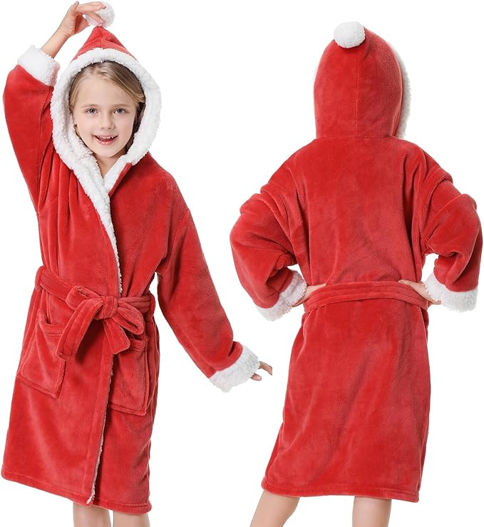 Hooded Herringbone Girl's Fleece Soft Spa Kimono Long Robe,Kids Comfy Sleepwear Bathrobe