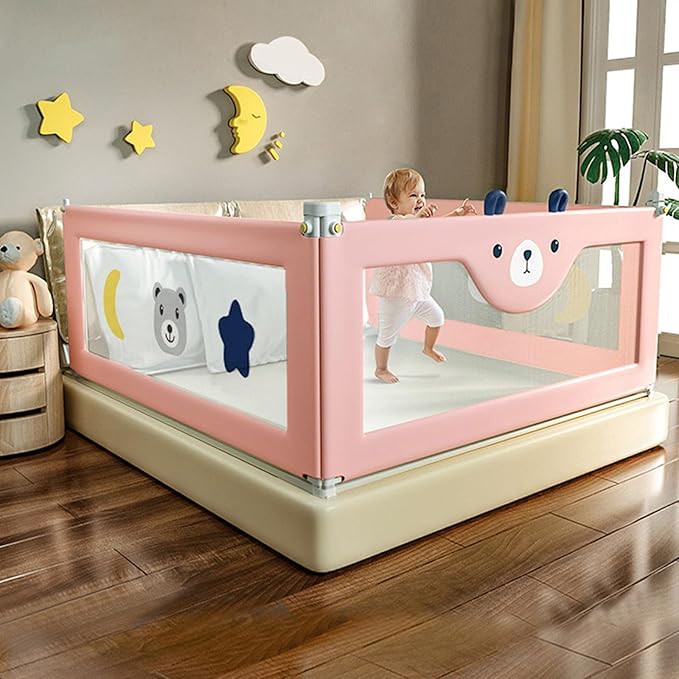 3-Piece U Type Toddler Bed Rails, Folding Baby Bed Guard for Kids, Adjustable, Safety, Convenient Bed Rails, Guard Rail for Twin, Full, Queen& King Size (Pink Cartoon, 59x78.7x78.7 Inch)