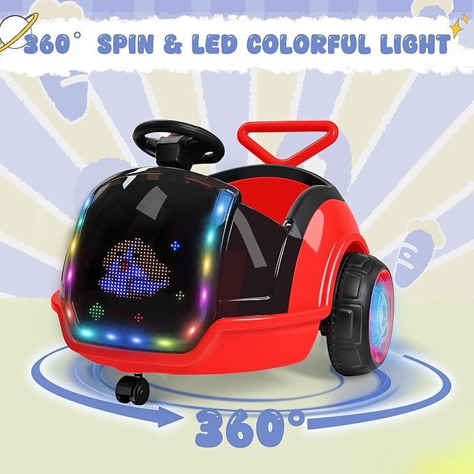 ANPABO 3-in-1 Electric Push Ride On Car, 12V Kids Ride On Toy w/Remote Control, 360° Spin, LED Display, 5-Point Safety Belt, Colorful LED Light, Music Player, Push Car for Toddler Ages 1-3 (Red)