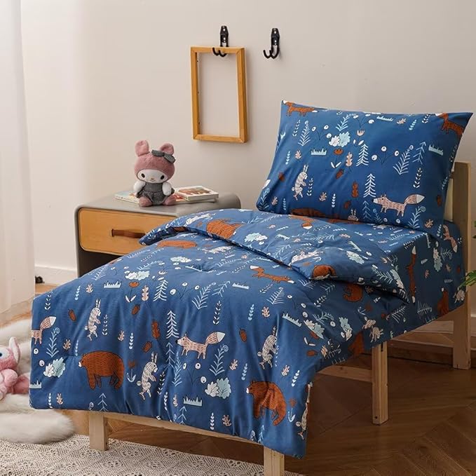 CLOTHKNOW Animal Toddler Bedding Sets for Boys, 4 Pieces Bedding Sets, Navy Blue Bear Cartoon Pattern, Soft Crib Bed Set Including Comforter, Flat Sheet, Fitted Sheet and Pillowcase