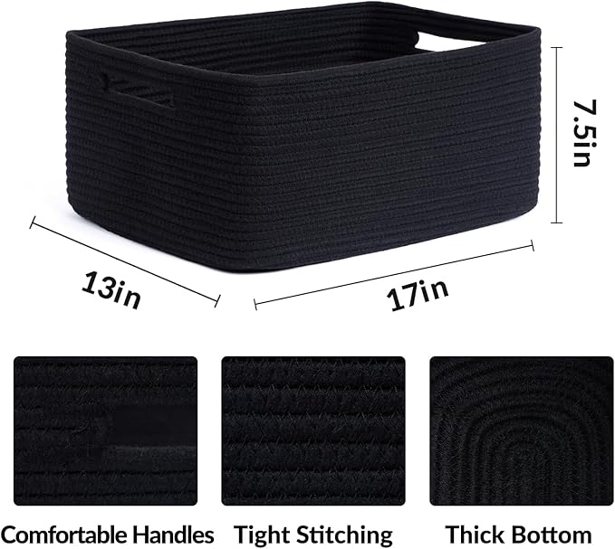 MiniArk Large Storage Baskets for Shelves, Closet Organizers Bins for Clothes Blanket Towels, Baby Nursery, Toy Baskets Box, Woven Rope Baskets, 17 x 13 x 7.5”, 3 Packs Black