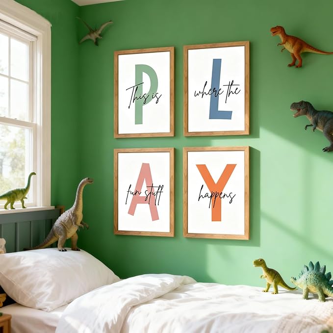 Cute Alphabet Play Framed Wall Art Set of 4, Natural Educational Alphabet Wooden Sign for Baby Girl Kid Boy Toddlers, Neutral Boho Preschool English Letters Nursery Decor for Homeschool Playroom