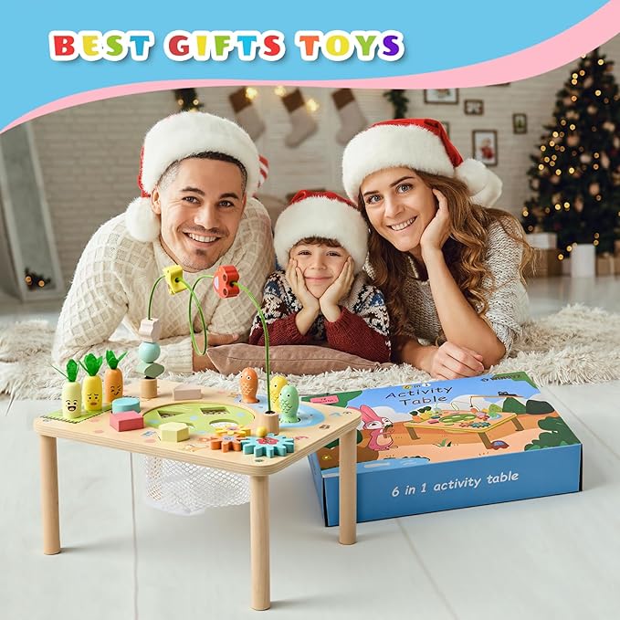 wingyz Activity Table, 6 in 1 Wooden Montessori Activity Center with Bead Maze Shape Sorter Fishing Game, Kids Sensory Play Table Toddler Toys 1st Birthday Gifts Boy Girl(Morandi-Square)