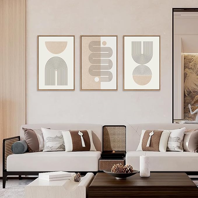 CHDITB Framed Boho Wall Art Set of 3, 24"x36" Beige Mid Century Modern Wall Decor, Abstract Geometric Line Wall Painting, Large Neutral Bohemian Canvas Art Print for Living Room, Bedroom, Office