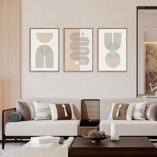 CHDITB Framed Boho Wall Art Set of 3, 24"x36" Beige Mid Century Modern Wall Decor, Abstract Geometric Line Wall Painting, Large Neutral Bohemian Canvas Art Print for Living Room, Bedroom, Office