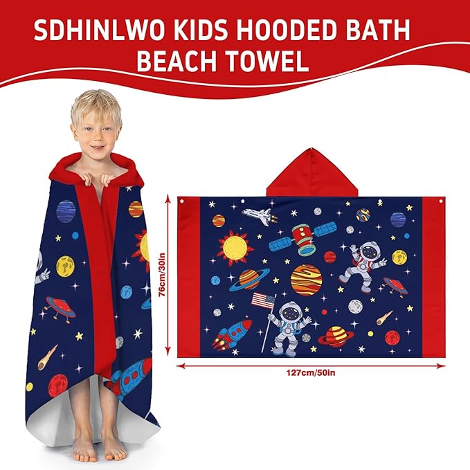 Thickened Hooded Towels for Kids Suitable Girls Boys Kids Bath Towels, 30"x50" Super Absorbent, Space Universe Cute Cartoon Toddler Towels Multi-Purpose for Beach, Pool and Bathroom