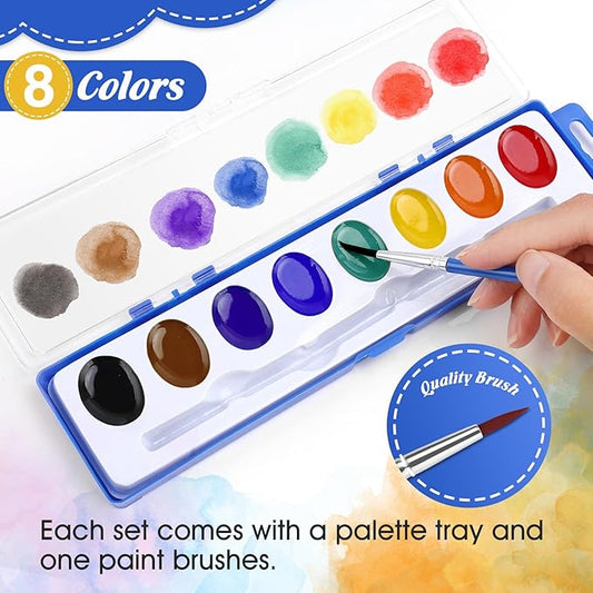 FUMILE Watercolor Paint Set Bulk,2 Pack,8 Colors Watercolors Paint with Paintbrush.Washable Watercolor Paint Set Kids for Parties,Birthday Party Favor,valentines for kids classroom.