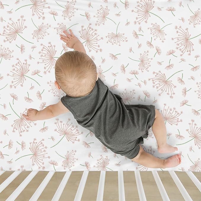 Pink Dandelions Flower Baby Crib Sheets for Boy Girl 52x28Inch Nature Neutral Floral Soft Stretchy Fitted Crib Mattress Cover Spring Summer Baby Sheet for Crib and Toddler Bed Mattresses