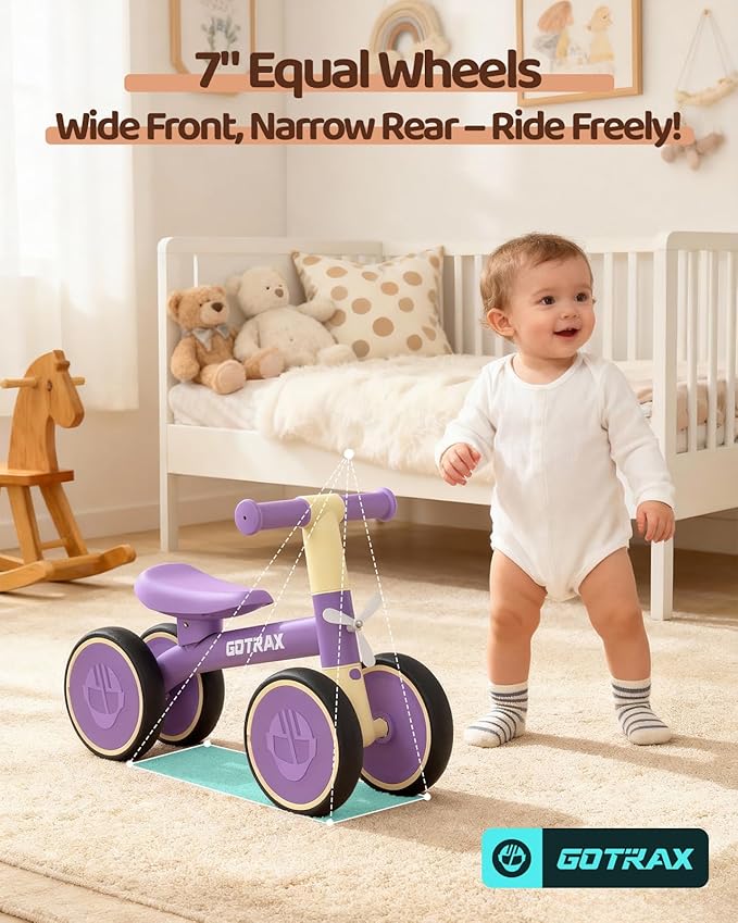 Gotrax Baby Balance Bike 1-2 Years, 7" Front&Rear Silent Wheels, Sturdy Steel Frame 66 lbs Load, Quick 2-Min Assembly, CPC Certified, Comfortable Soft Seat, Toddler Birthday Gift for Boys&Girls Purple