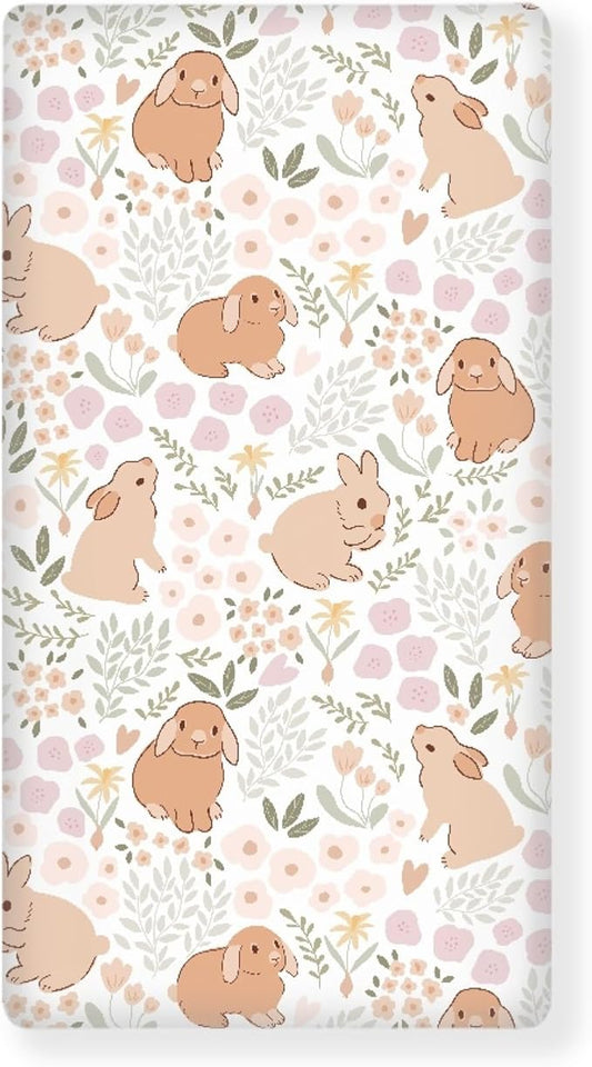 Rabbit Floral Fitted Crib Sheet Flower Animal Baby Crib Sheet Fit Standard Crib and Toddler Mattress,Crib Mattress Sheets for Boys Girls 28"x52"