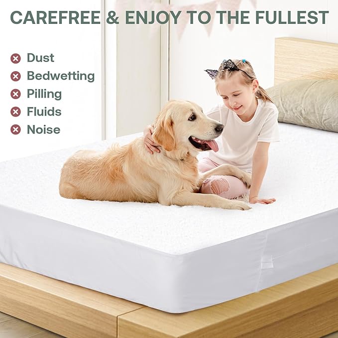 King Mattress Protector Cover【Sealed Zipper+Terry Cloth】 76"x 80" Fits [13/14/15/16 in] Deep, 6-Side Encases Waterproof Breathable Mattress Pad Cover