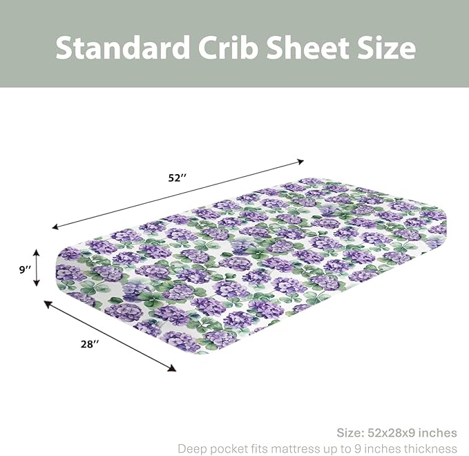 Purple Wildflowers Watercolor Baby Crib Sheets for Boy Girl 28"x52" Retro Hydrangea Floral Leaves Soft Snug Fitted Crib Mattress Cover Spring Garden Baby Sheet for Standard Crib & Toddler Mattress