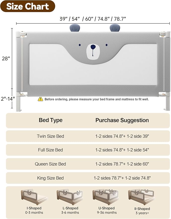 Baby Bed Rail Guard for Toddlers, Reinforced 74.8in Toddler Bed Rails for Twin, Full, King Bed with Height Adjustable, Extral Tall Child Safety Side Railing Guards/Bedrail for Kids, Grey Bear, 1 Side