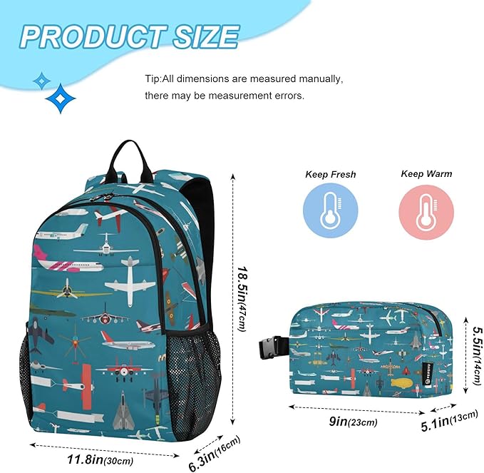 Jucciaco Airplane Plane and Aircraft Backpack with Lunch Bag, School Travel Backpack for Teens Boys Girls Kids Backpacks Set
