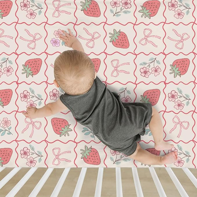Boho Strawberry Flowers Baby Crib Sheets for Girl 52"x28" Strawberries Pink Bows Checkerboard Soft Snug Fitted Crib Mattress Covers Summer Fruit Baby Sheet for Standard Crib & Toddler Bed Mattress