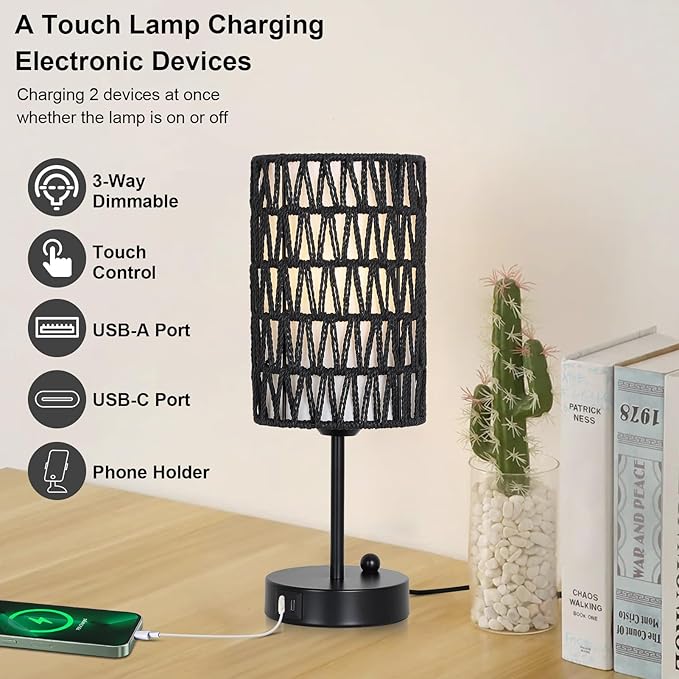 Eayaya Black Bedside Lamps Set of 2, Touch Control Night Stand Lamp for Bedroom with Rattan & Linen Shade & Bulbs, 3 Way Dimmable Small Boho Table Lamps with USB Charging Port & Phone Stand