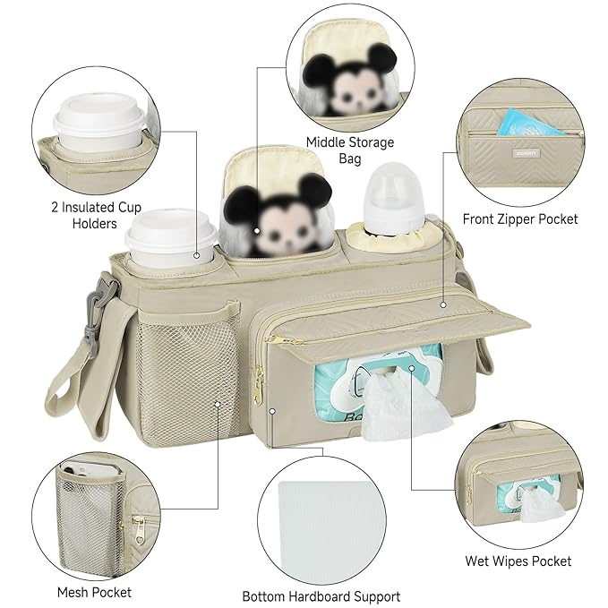 Universal Stroller Organizer with Insulated Cup Holder,Stroller Caddy Bag with Wet Wipes Pocket,Stroller Accessories Fits for Uppababy,Doona,Jogger,Britax,Mompush,BoB Strollers,Apricot