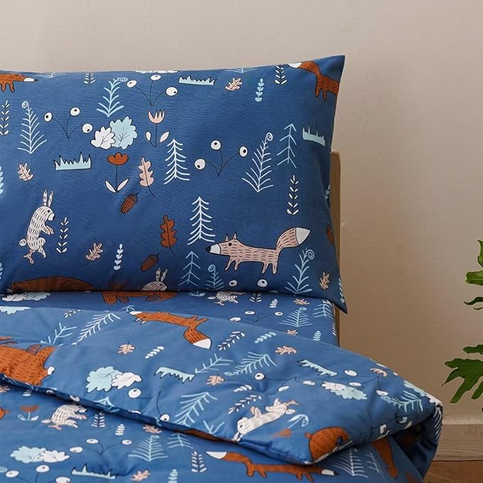 CLOTHKNOW Animal Toddler Bedding Sets for Boys, 4 Pieces Bedding Sets, Navy Blue Bear Cartoon Pattern, Soft Crib Bed Set Including Comforter, Flat Sheet, Fitted Sheet and Pillowcase