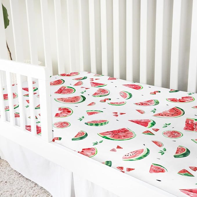 Watercolor Watermelon Baby Crib Sheet 52''x28'' Watermelon Leaves Stretchy Fitted Crib Mattress Cover for Boy Girl Tropical Summer Fruits Soft Nursery Bed Sheet for Standard Crib and Toddler Mattress
