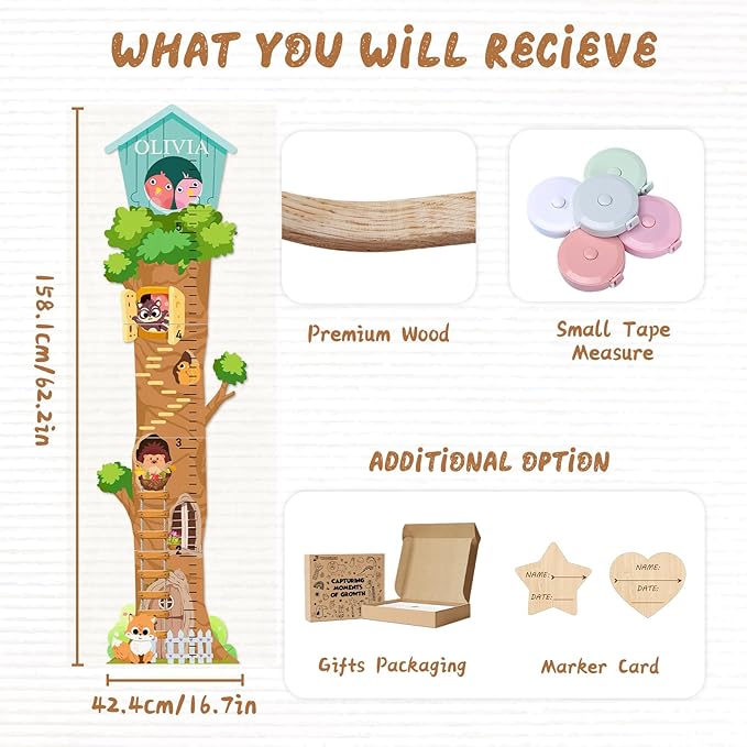 Woodemon Personalized Wooden Growth Chart, Tree House Animals Height Chart for Kids Room, Wood Kids Measuring Chart, Nursery Growth Chart Ruler Measuring Board for Boys Girls