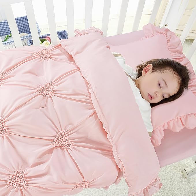 HOMBYS 3 Pieces Princess Pink CribBedding Set for Baby Girls, Ultra Soft Blush Pinch Pleat Comforter Set with Ruffles for All Season