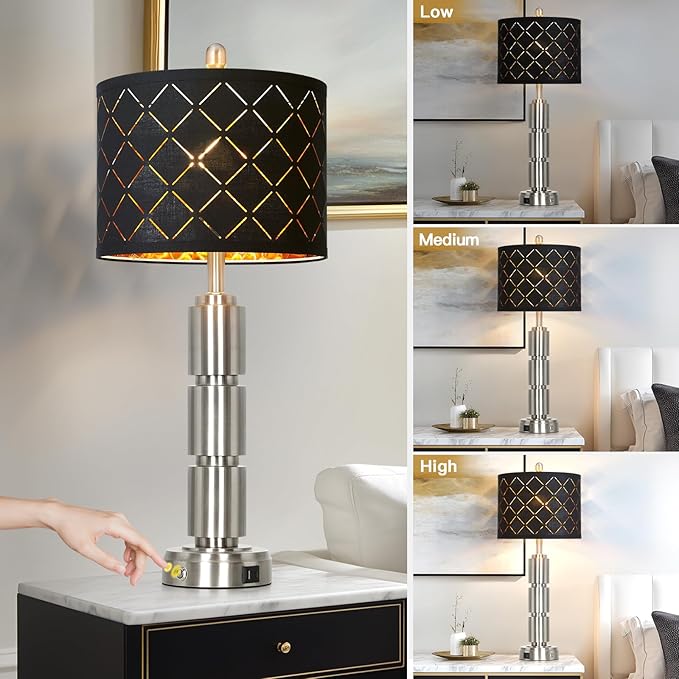 luxeflow Set of 2 Modern Table Lamps for Living Room Bedroom,29" Tall Bedside Lamp with 2 USB Port,Silver Metal Touch Nightstand Lamp for Desk End Side Table Entryway,Silver