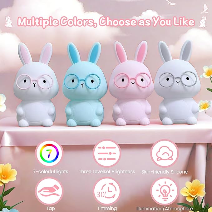 FAMIDUO Bunny Night Light, Rabbit Lamp for Kids, Rechargeable LED Nightlight for Easter Gift,Silicone Bedside Lamp with Touch Color Changing,3 Levels Dimmable/Timmer Nursery Bedroom Light,Room Decor