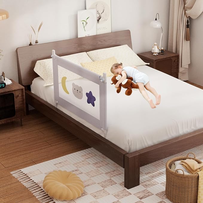 omzer Bed Rail for Toddlers - Toddler Bed Rails with Double Child Lock - Bed Rail for Baby Kids with Pattern - Height Adjustment Guard Rails for Twin Size Bed - 1 Pack, 39”