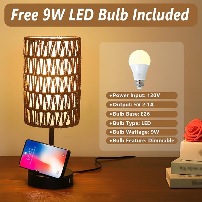 Eayaya Bedside Lamps Set of 2, Touch Control Night Stand Lamp for Bedroom with Rattan & Linen Shade & Bulbs, 3 Way Dimmable Small Boho Table Lamps with USB Charging Port & Phone Stand (Coffee Color)