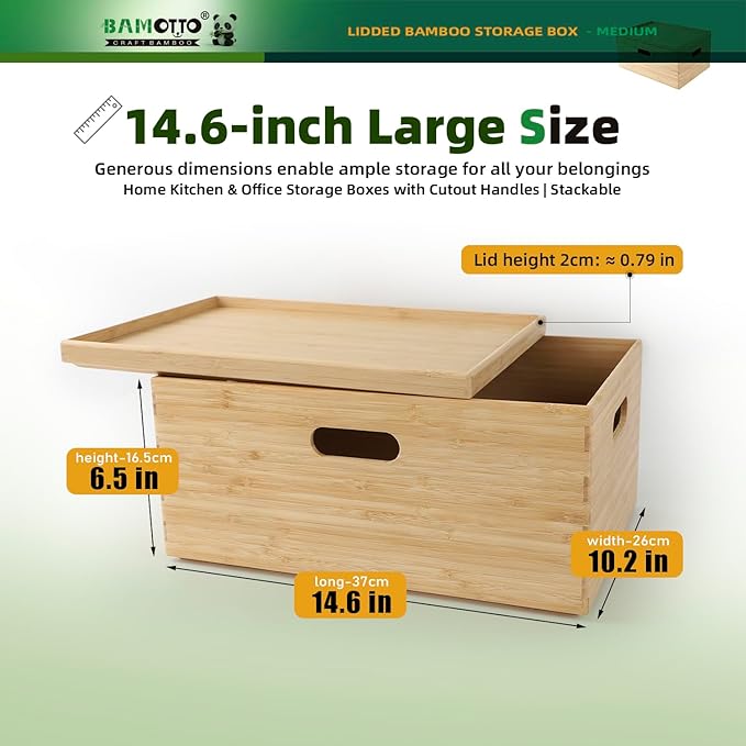 BAMOTTO Lidded Bamboo Storage Bins & Box/Cube/Basket, Home Kitchen and Office Storage Boxes with Handles & Stackable for Organizer Tableware, Clothing, Toys, Office Shelf Books, 14.6”x10.2”x6.5”