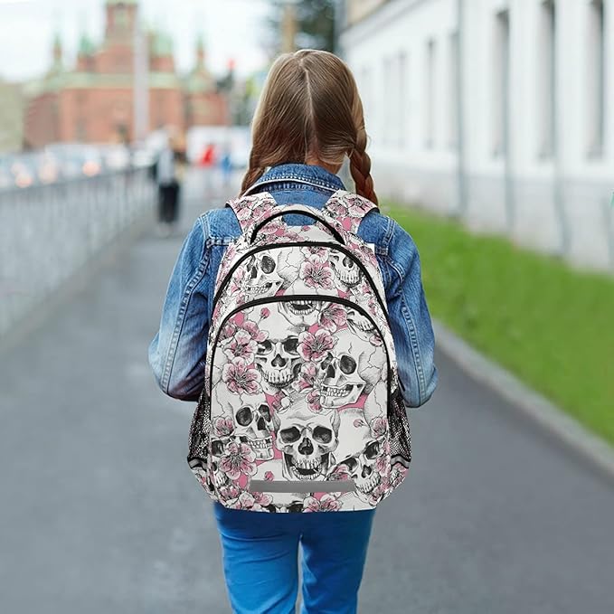 MNSRUU School Backpack with Chest Strap, Halloween Skull Flowers And Pink Cherries Laptop Backpack, Travel Hiking Backpack for Boys Girls, Rucksack, Knapsack