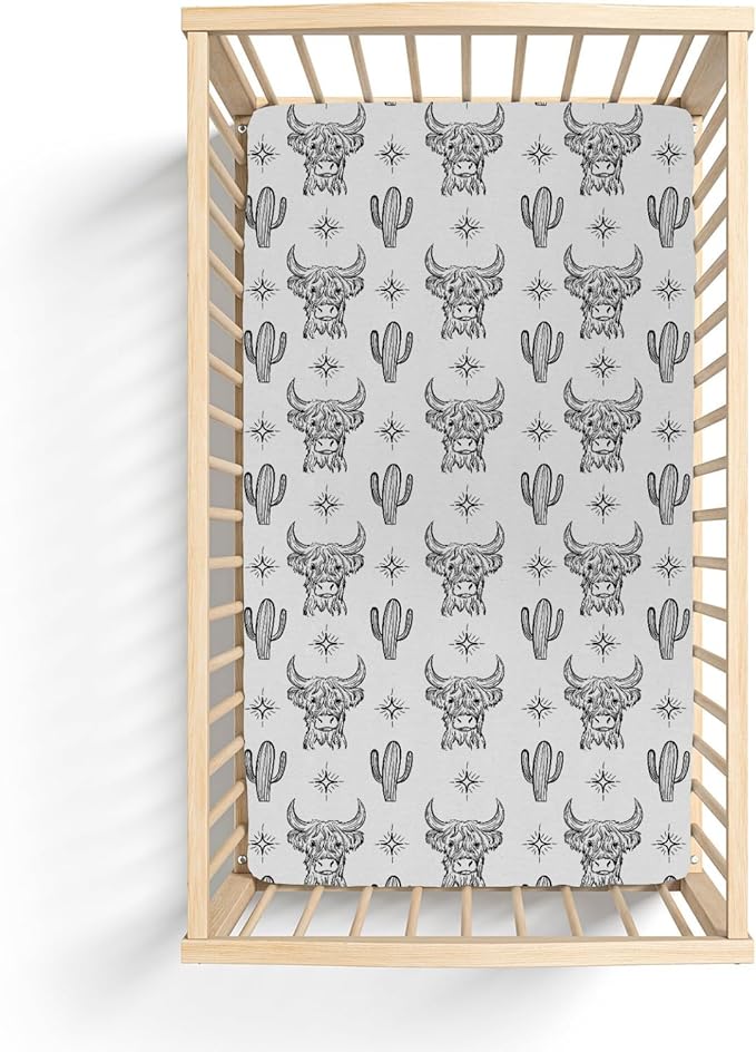Boho Western Cow Cactus Baby Crib Sheets for Boy Girl 52x28Inch Black and White Highland Yak Soft Stretchy Fitted Crib Mattress Cover Wild West Animal Baby Sheet for Crib and Toddler Bed Mattresses
