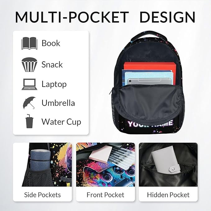 COZYAURA Personalized Kids Backpack - 17 Inch Video Gamer Bookbag for Boys - Durable Black Gaming School Bag for Elementary & Travel