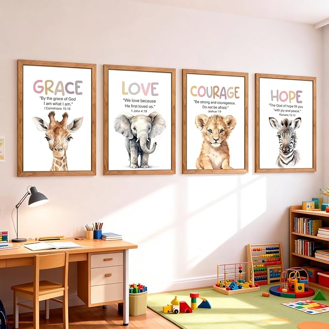 Cute Giraffe Elephant Tiger Zebra Quote Framed Wall Art Set of 4, 11x16 Boho Educational Grace Love Courage Hope Saying Sign for Baby Girl Kid Boy Toddlers, Wooden Inspirational Nursery Wall Decor