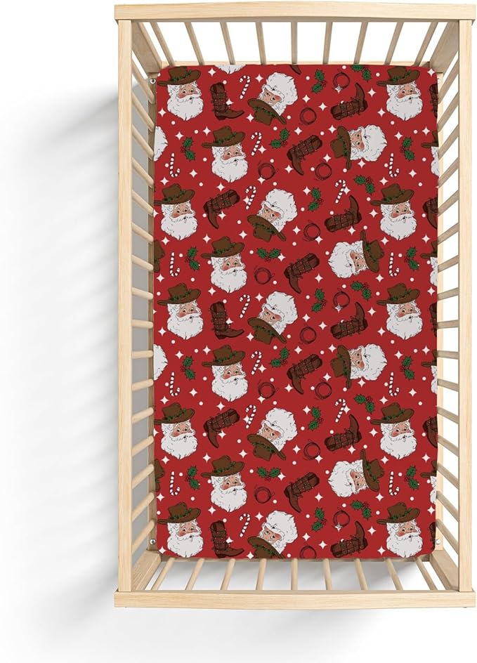 Red Cowboy Santa Christmas Baby Crib Sheets for Boy Girl 52x28Inch Western Santa Hat Boots Fir Leaves Soft Snug Fitted Crib Mattress Cover Wild West Baby Sheet for Standard Crib & Toddler Mattress