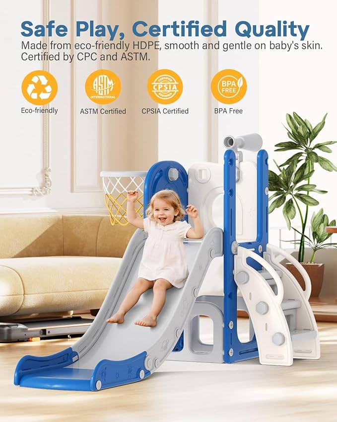 Babytronic Toddler Slide, 6 in 1 Kids Indoor Slide for Toddlers 1-3, Baby Indoor and Outdoor Climber Playset, Kids Slide with Basketball Hoop and Telescope, Toddler Outdoor Playground (Blue&Gray)