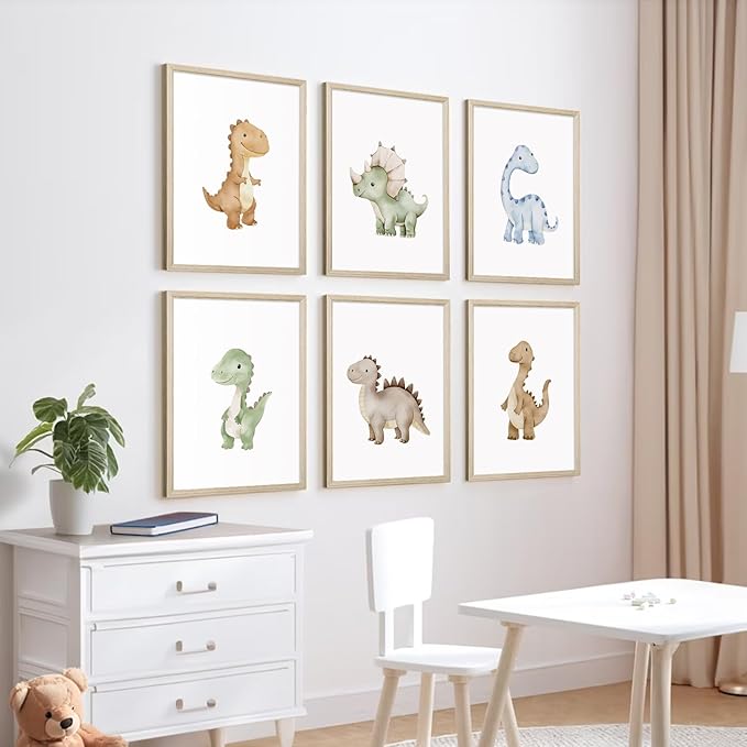 Dinosaur Nursery Wall Art Kids Canvas Poster Boys Room Wall Decor Watercolor Dino Wall Art Toddler Baby Pictures Dinosaur Prints Nursery Artwork for Boys Room Bedroom 8x10x6 Inch Wood Framed