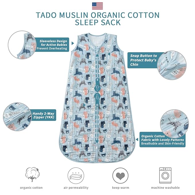 Baby Sleep Sack 2-4 T Baby Wearable Blanket 100% Organic Cotton 0.5 TOG Toddler Sleep Sacks 2- Way Zipper Soft 4 Layers Muslin 2T 3T 4T Kitten Cat