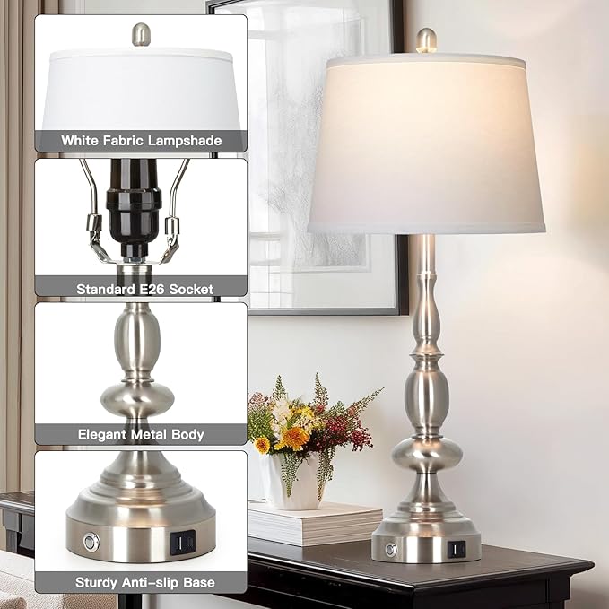 29" Tall Modern Table Lamps Set of 2, 3-Way Dimmable Touch Living Room Lamp with USB A+C Charging Port, Brushed Nickel Metal Farmhouse Bedside lamp for Bedroom Nightstand Side Table Desk Office Silver