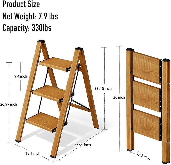 Mayi Plus 3 Step Ladder,Aluminum Folding Step Stool for Adults,Step Ladder with Wide Anti-Slip Pedal,330 lbs Capacity for Home,Office,Kitchen,Library(Woodgrain